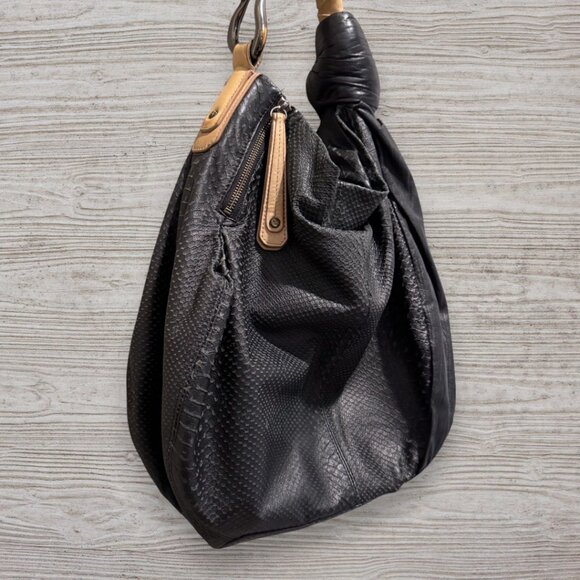 H by Halston Heritage Embossed Leather Pleated Hobo Shoulder Bag Black Tan Purse - Picture 10 of 16